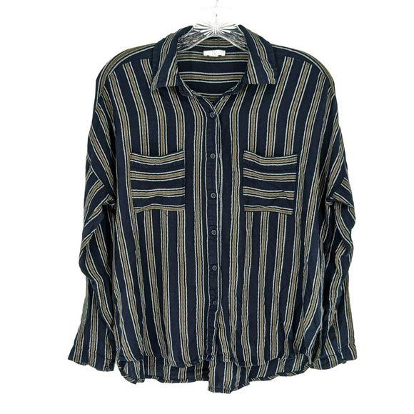 BP Nordstrom Button Front Blouse S Navy Mustard Striped Long Sleeve Patch Pocket - Picture 13 of 14